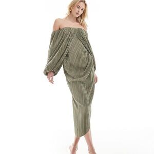 ASOS DESIGN Tall plisse overlay midi dress with open back detail in soft khaki